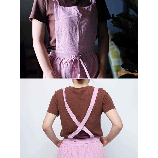 Women Vintage Japanese Style Cotton Linen Aprons Dress with Pockets