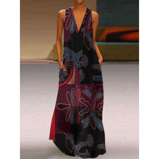 Women Vintage Print V-neck Sleeveless Bohemian Dress