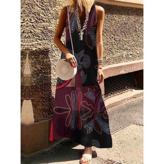 Women Vintage Print V-neck Sleeveless Bohemian Dress