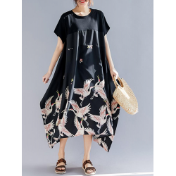Women Vintage Printed Short Sleeve Patchwork Loose Baggy Dress