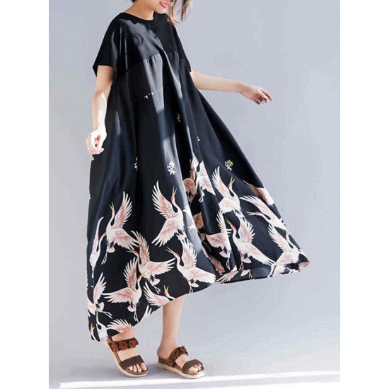 Women Vintage Printed Short Sleeve Patchwork Loose Baggy Dress