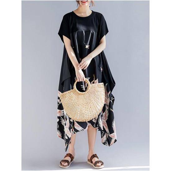 Women Vintage Printed Short Sleeve Patchwork Loose Baggy Dress