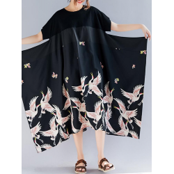 Women Vintage Printed Short Sleeve Patchwork Loose Baggy Dress