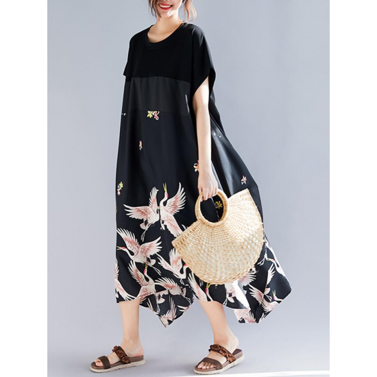 Women Vintage Printed Short Sleeve Patchwork Loose Baggy Dress