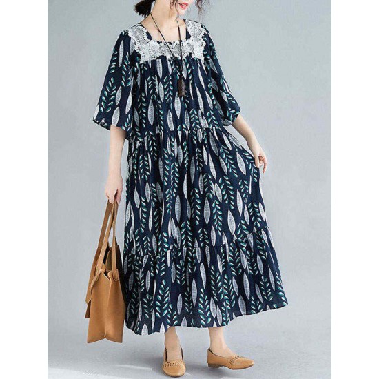 Women Vintage Printed Square Neck Long Dress