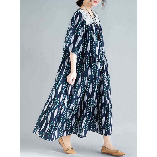 Women Vintage Printed Square Neck Long Dress