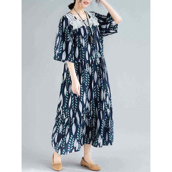 Women Vintage Printed Square Neck Long Dress