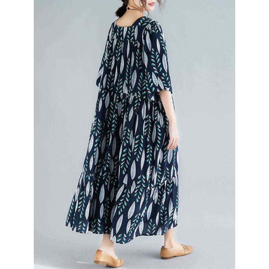 Women Vintage Printed Square Neck Long Dress