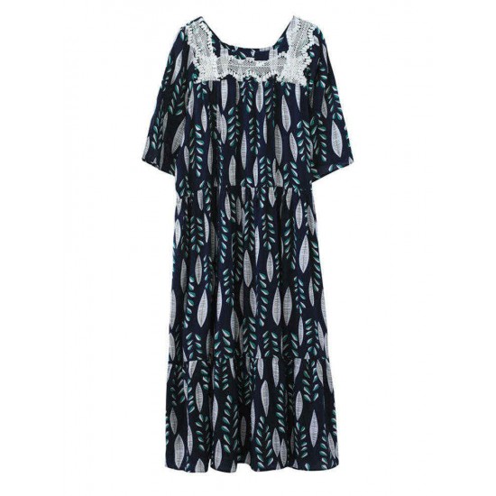 Women Vintage Printed Square Neck Long Dress