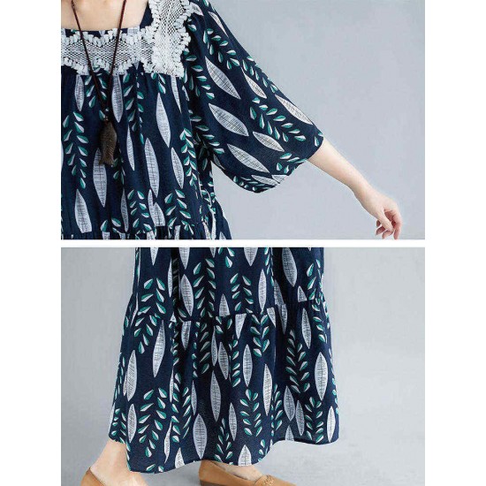 Women Vintage Printed Square Neck Long Dress