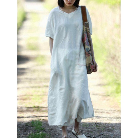 Women Vintage Short Sleeves Cotton Split Maxi Dress