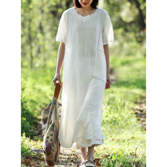 Women Vintage Short Sleeves Cotton Split Maxi Dress