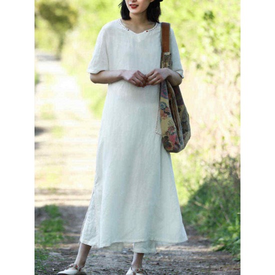 Women Vintage Short Sleeves Cotton Split Maxi Dress