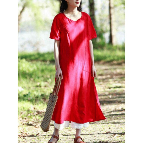 Women Vintage Short Sleeves Cotton Split Maxi Dress