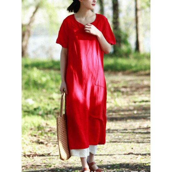 Women Vintage Short Sleeves Cotton Split Maxi Dress