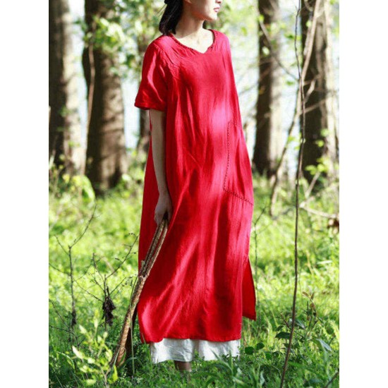 Women Vintage Short Sleeves Cotton Split Maxi Dress