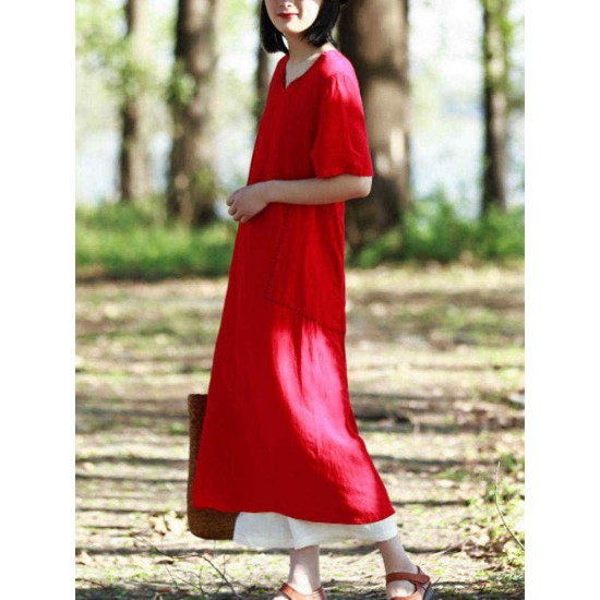 Women Vintage Short Sleeves Cotton Split Maxi Dress