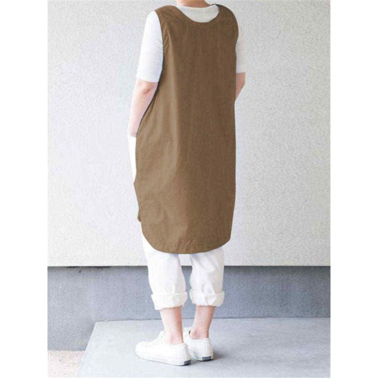 Women Vintage Sleeveless Patchwork Pockets Apron Dress