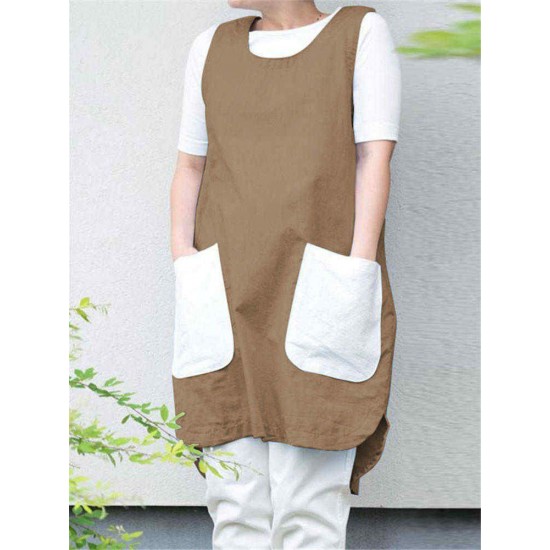 Women Vintage Sleeveless Patchwork Pockets Apron Dress