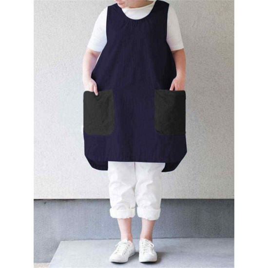 Women Vintage Sleeveless Patchwork Pockets Apron Dress