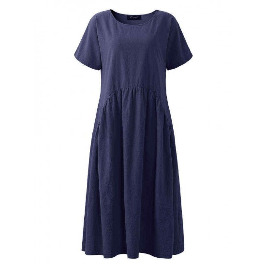 Women Vintage Solid Short Sleeve O-Neck Dress