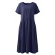 Women Vintage Solid Short Sleeve O-Neck Dress