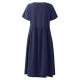 Women Vintage Solid Short Sleeve O-Neck Dress