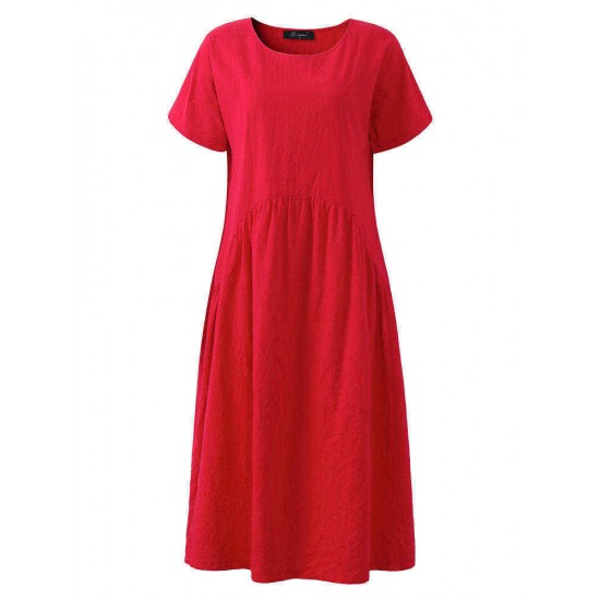 Women Vintage Solid Short Sleeve O-Neck Dress