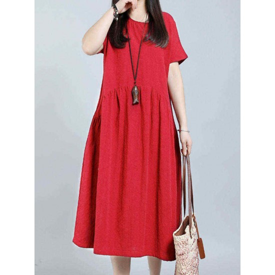 Women Vintage Solid Short Sleeve O-Neck Dress