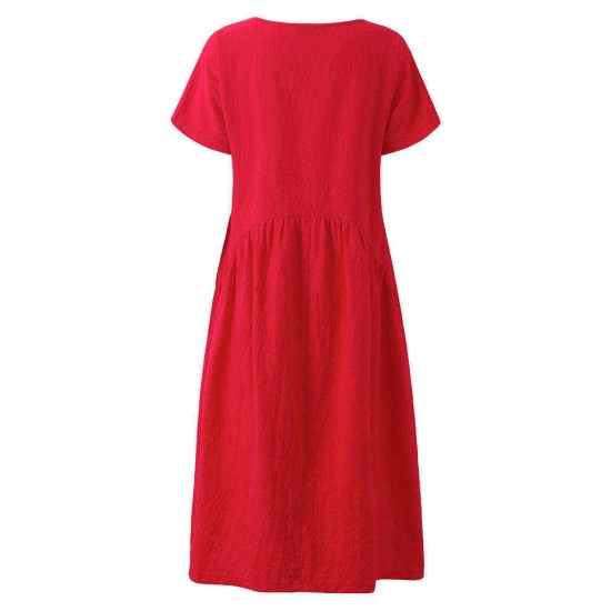 Women Vintage Solid Short Sleeve O-Neck Dress