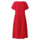 Women Vintage Solid Short Sleeve O-Neck Dress