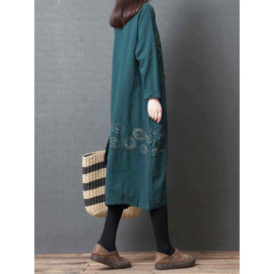 Women Vintage V-neck Long Sleeve Pockets Baggy Dress