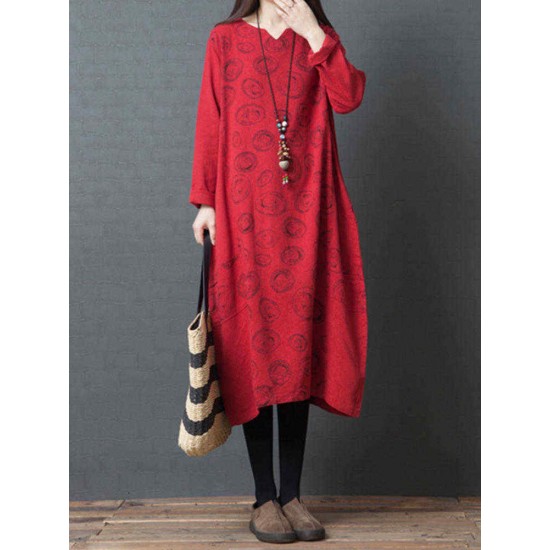 Women Vintage V-neck Long Sleeve Pockets Baggy Dress