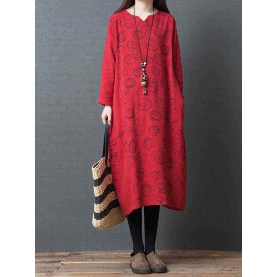 Women Vintage V-neck Long Sleeve Pockets Baggy Dress