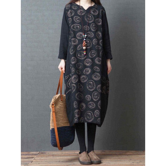 Women Vintage V-neck Long Sleeve Pockets Baggy Dress