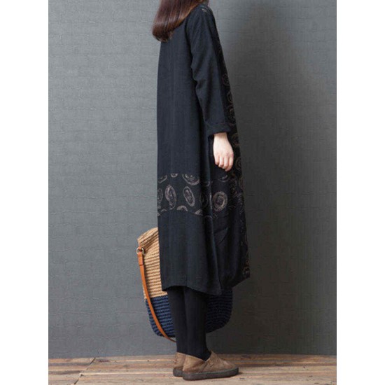 Women Vintage V-neck Long Sleeve Pockets Baggy Dress