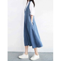 Women Vintage V-neck Sleeveless Pleated Denim Dress