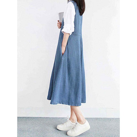 Women Vintage V-neck Sleeveless Pleated Denim Dress