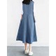 Women Vintage V-neck Sleeveless Pleated Denim Dress