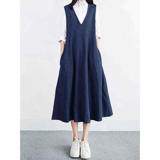 Women Vintage V-neck Sleeveless Pleated Denim Dress