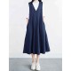 Women Vintage V-neck Sleeveless Pleated Denim Dress