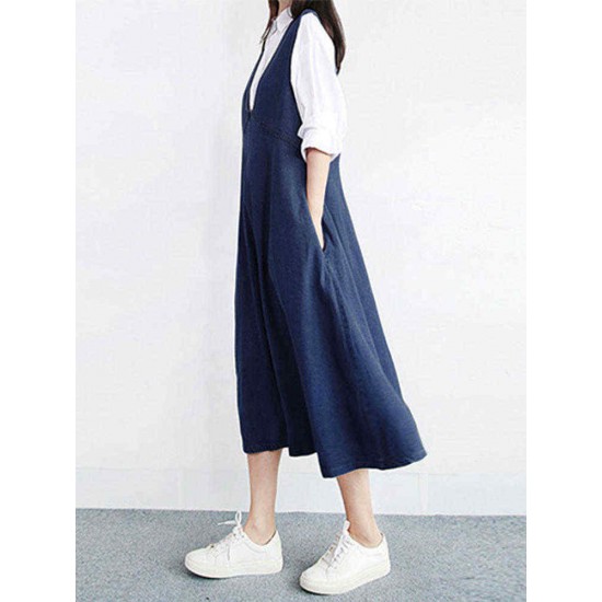 Women Vintage V-neck Sleeveless Pleated Denim Dress