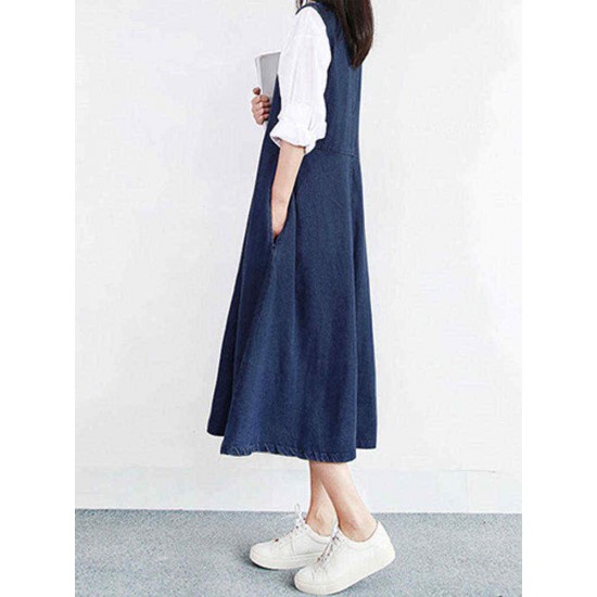 Women Vintage V-neck Sleeveless Pleated Denim Dress