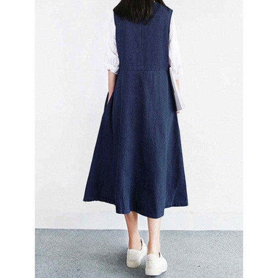 Women Vintage V-neck Sleeveless Pleated Denim Dress