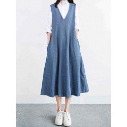 Women Vintage V-neck Sleeveless Pleated Denim Dress