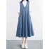 Women Vintage V-neck Sleeveless Pleated Denim Dress