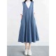 Women Vintage V-neck Sleeveless Pleated Denim Dress