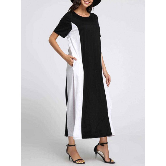 Womens O-neck Two-tone Patchwork Short Sleeves Maxi Dress