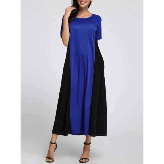Womens O-neck Two-tone Patchwork Short Sleeves Maxi Dress