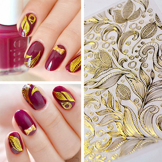 1 Sheet 3D Gold Embossed Nail Stickers Flower Blooming Decals Gorgeous Manicure